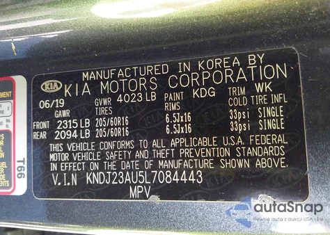 2020 Kia Soul Lx z USA, uszkodzony, nr VIN KNDJ23AU5L7084443